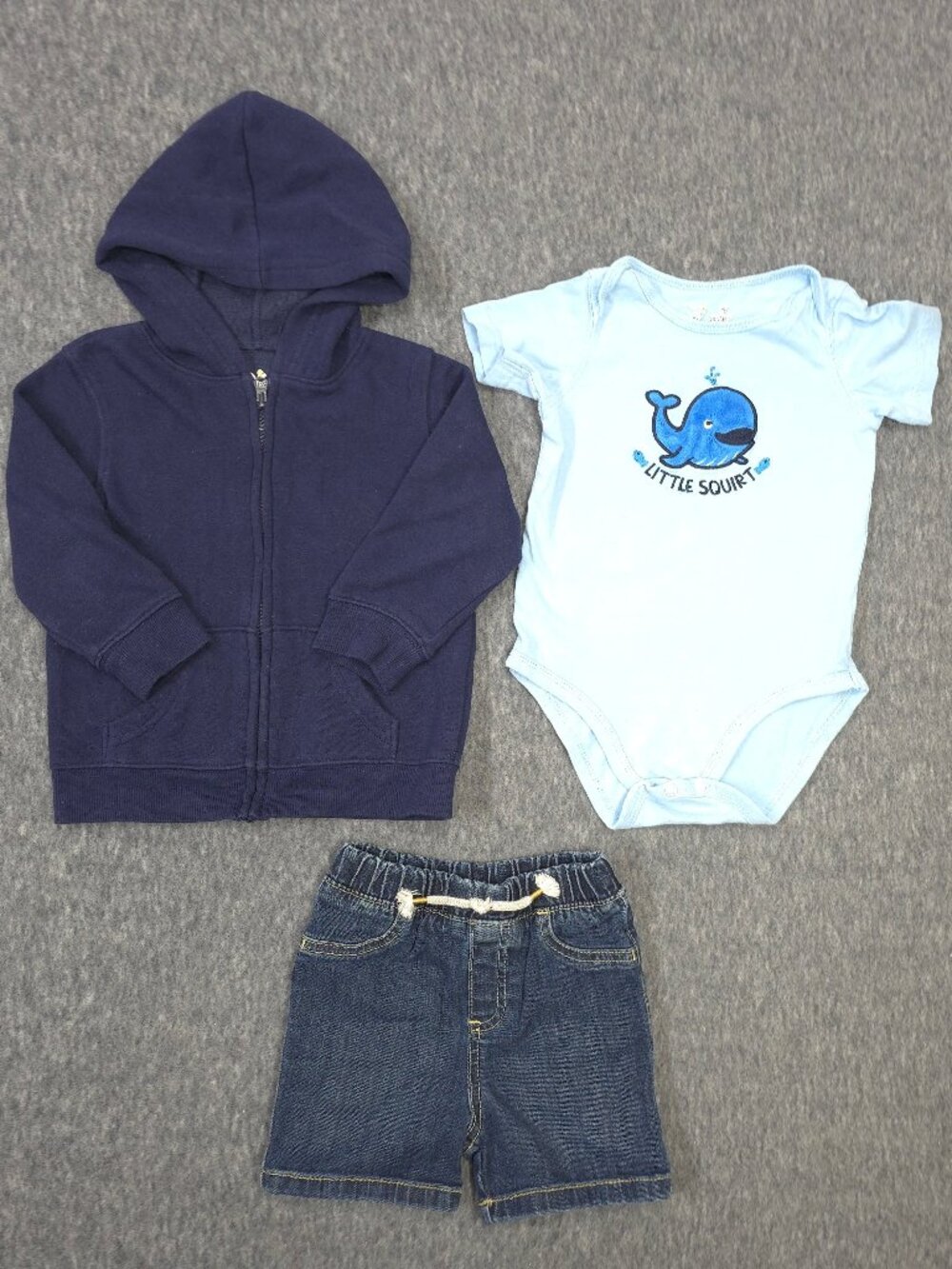 Jumping Beans Baby Boy 18M 3 Piece Whale Hoodie Bodysuit Denim Shorts Set